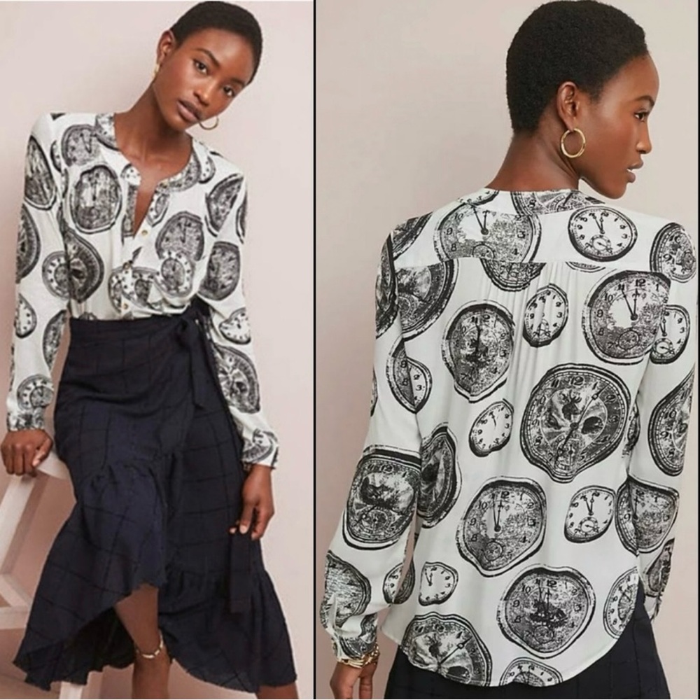 27 of 52 Conversations by Anthropologie Clock Print Novelty Button Down Top 6